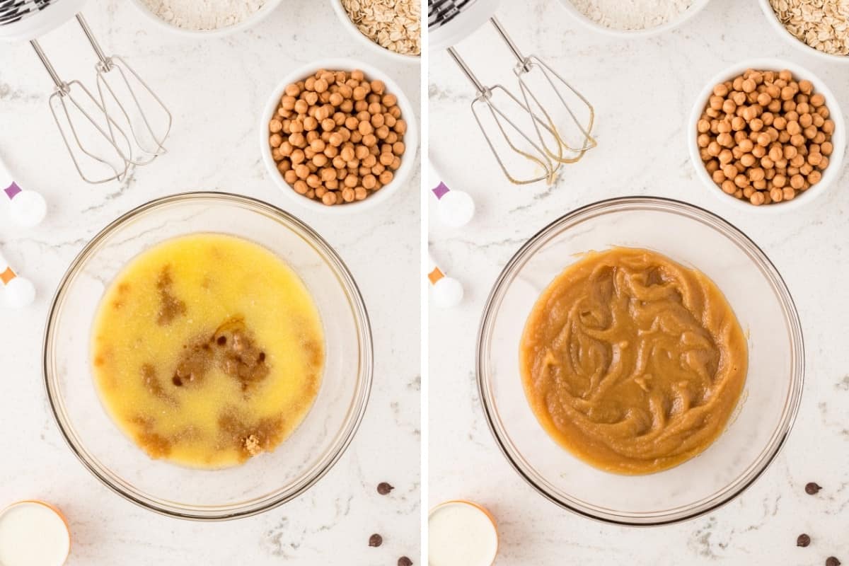 Two image collage. On left: glass mixing bowl with melted butter and brown sugar. On right, the same but well-mixed and combined.