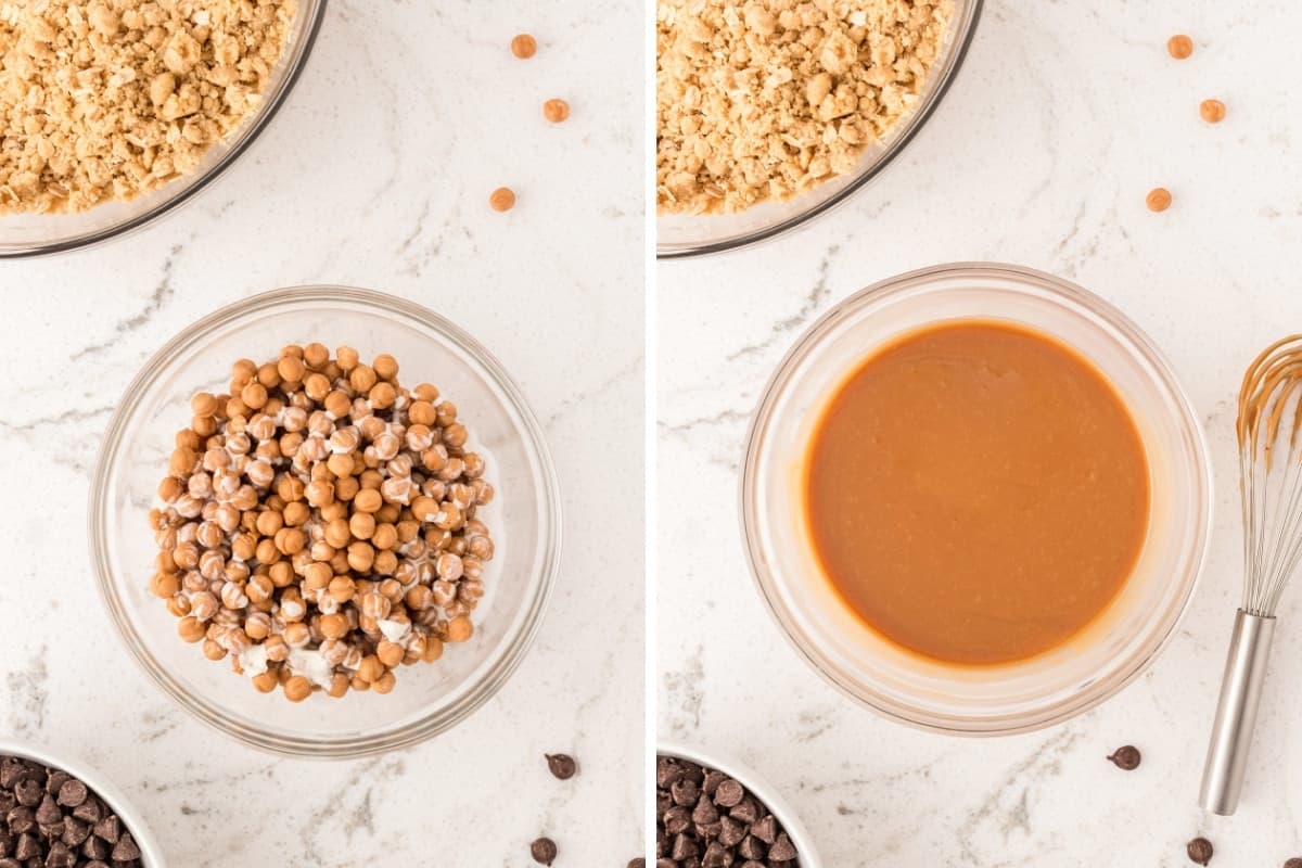 Two image collage. On left: caramel bits and heavy cream in bowl. On right: same bowl but with caramel and cream melted together to form a caramel sauce.