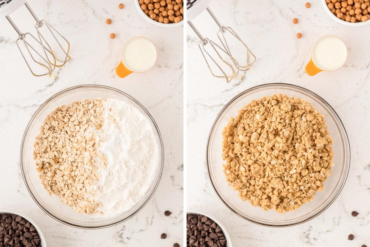 Two image collage. On left: glass mixing bowl with oats, baking soda, and flour added on top. On right, the same bowl with the ingredients combined to form a crumbly oat dough