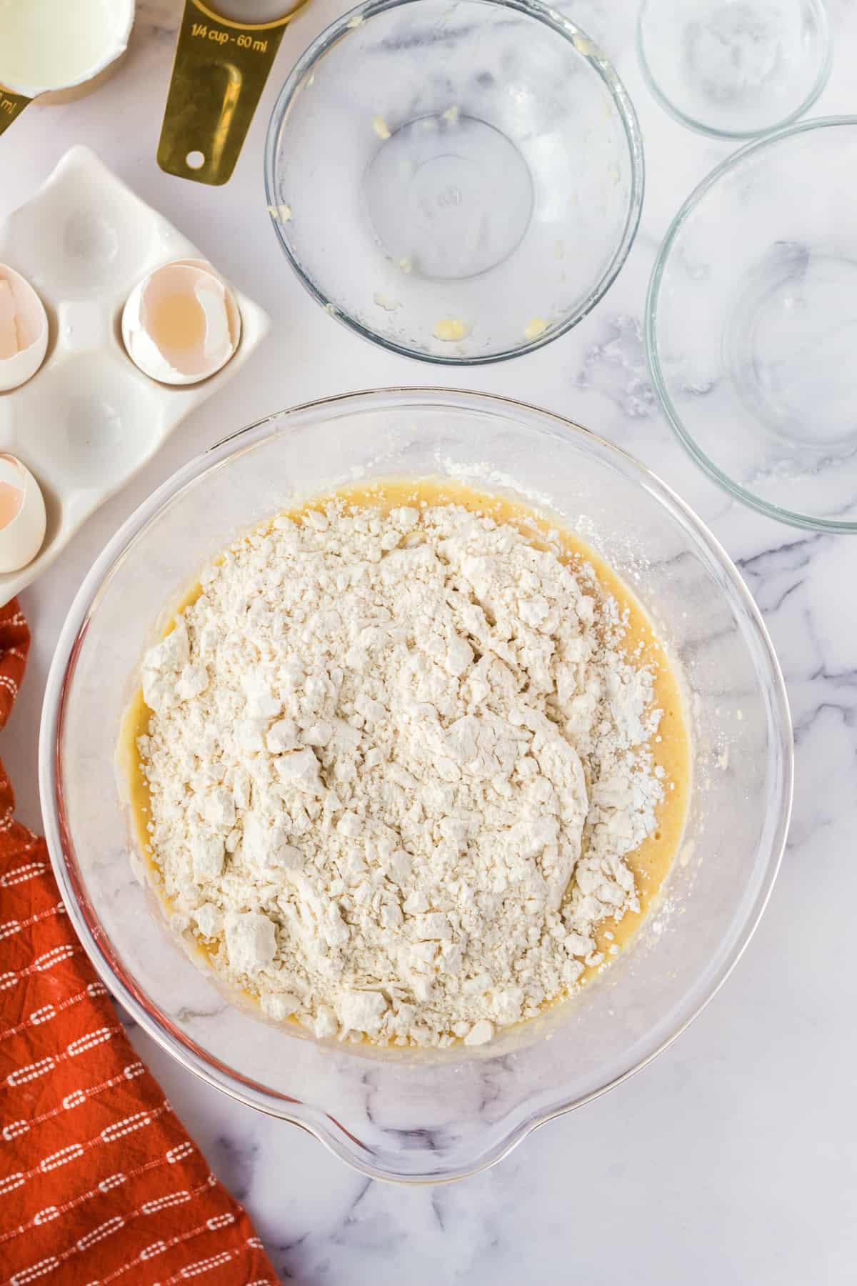 Dry ingredients added to large mixing bowl.