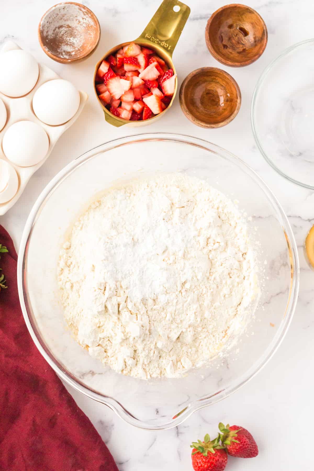 Large mixing bowl with flour and baking powder