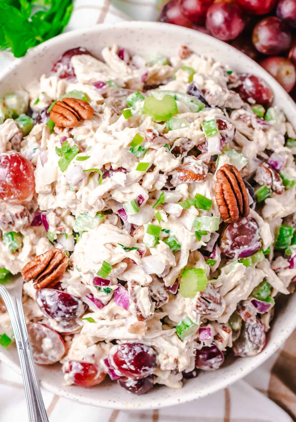 Overhead image of chicken salad with grapes, pecans, celery, onions, and parsley in a large white bowl with fresh red grapes in the background.