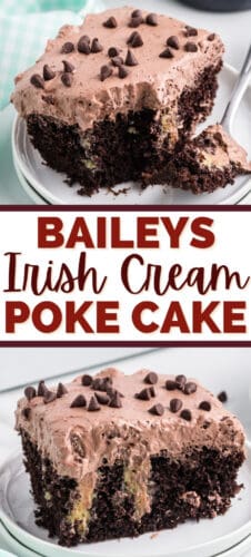 Pinterst collage, reads: Baileys Irish Cream Poke Cake