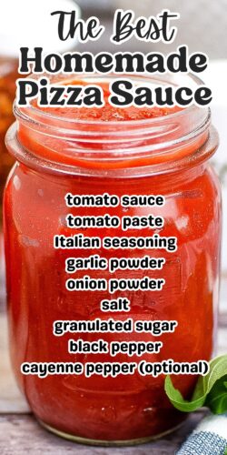 The Best Homemade Pizza Sauce Pin with ingredients.