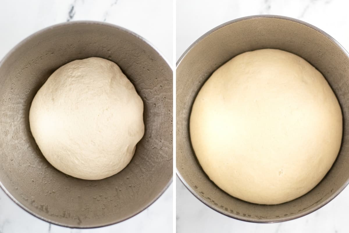 Left: dough ball in mixing bowl. On right, dough ball after rising and doubling in size.