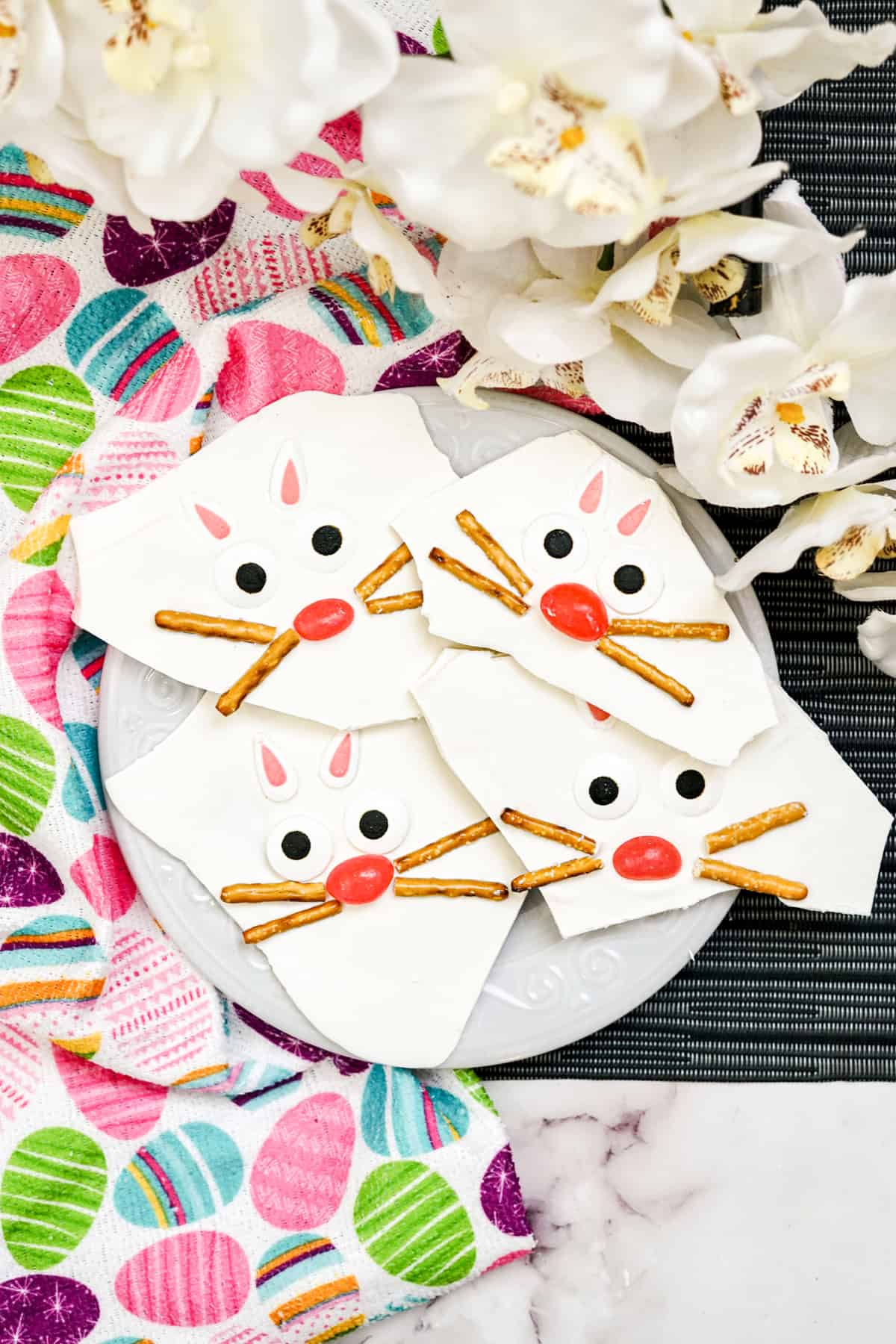 Easter Bunny Bark with pretzels, jelly beans, candy eyes, and candy ears,