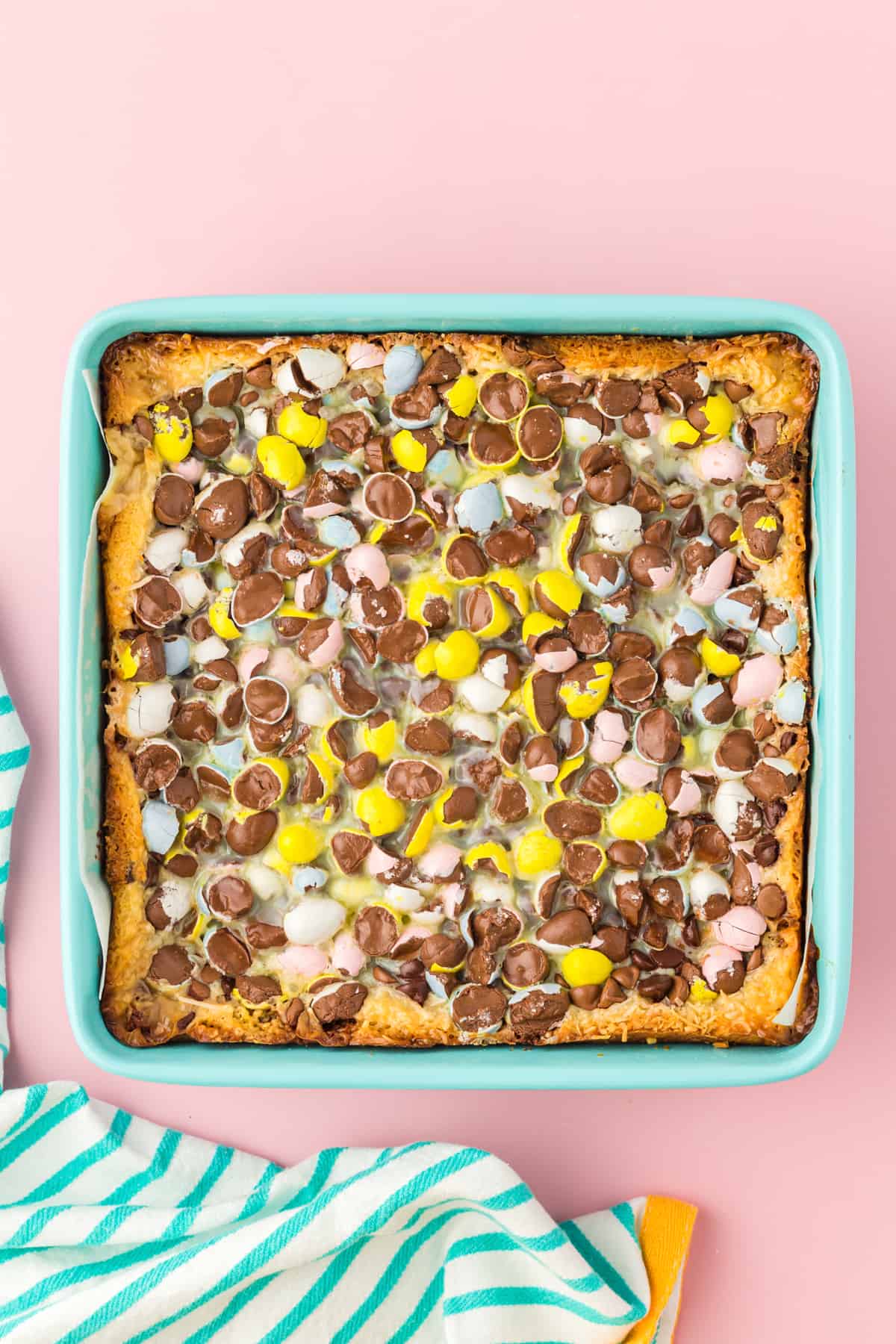 Easter Magic Cookie Bars in square baking pan.
