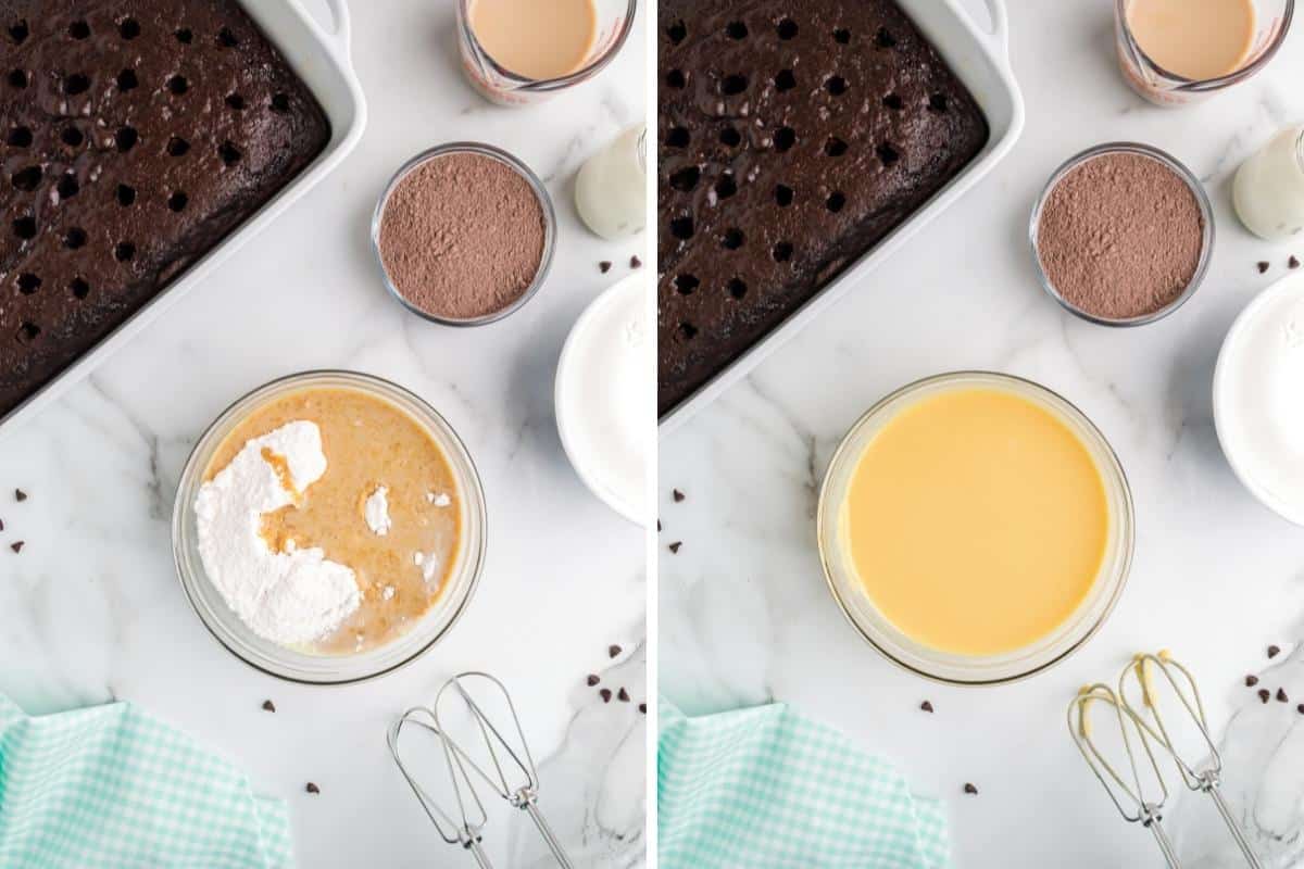 Vanilla Irish cream pudding ingredients in mixing bowl before and after mixing together