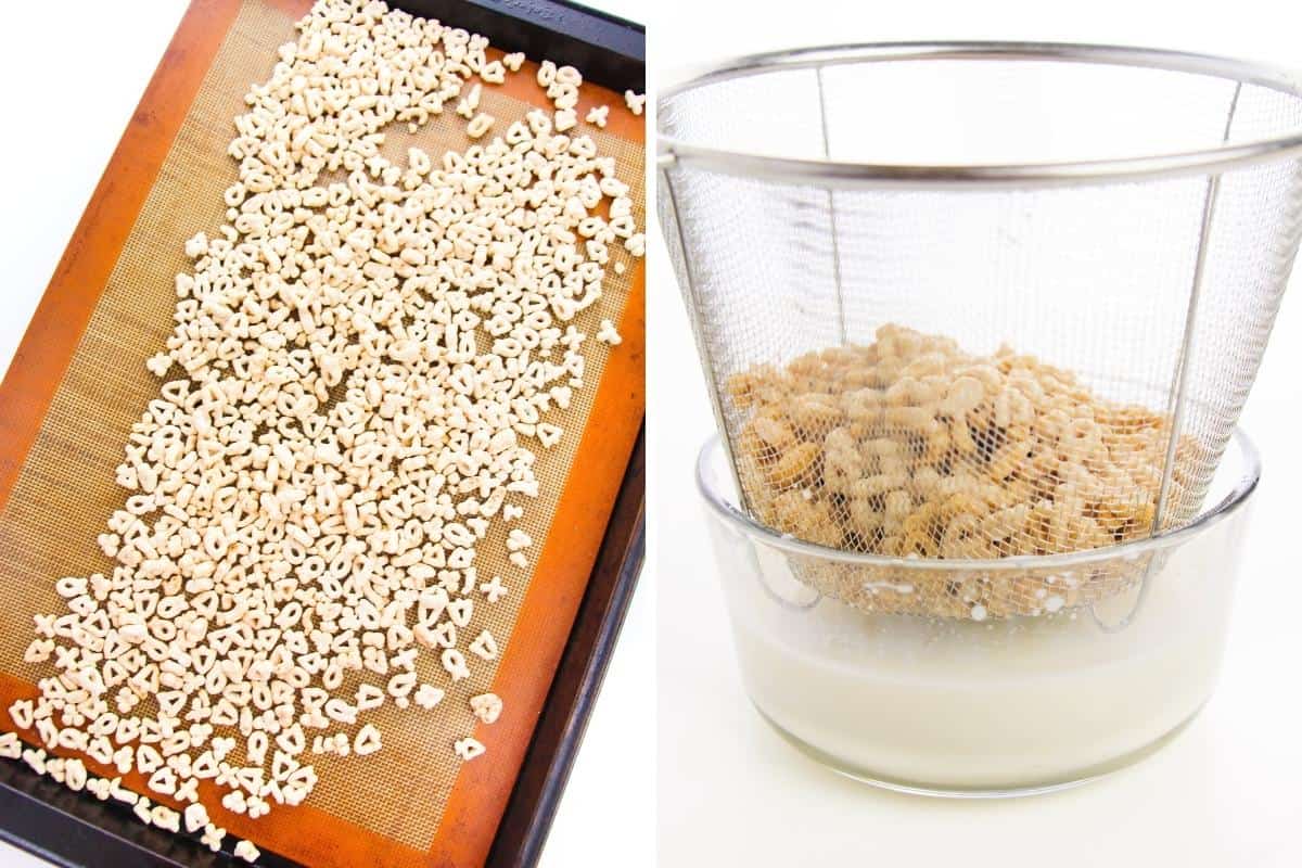 Left: lucky charms cereal with marshmallows spread on baking sheet with silicone baking liner. On right: milk being strained from cereal into a bowl.