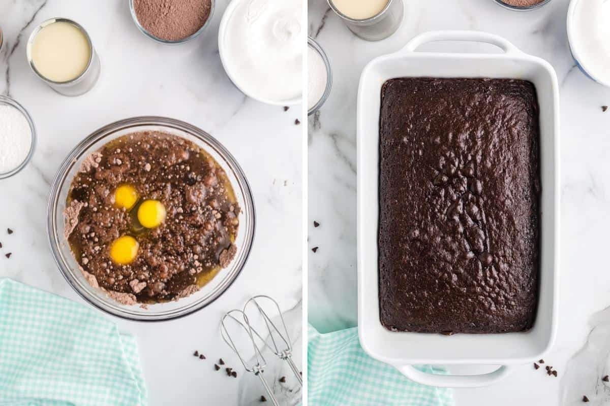 chocolate cake mix ingredients in mixing bowl and 9 x 13 baking pan with baked chocolate cake