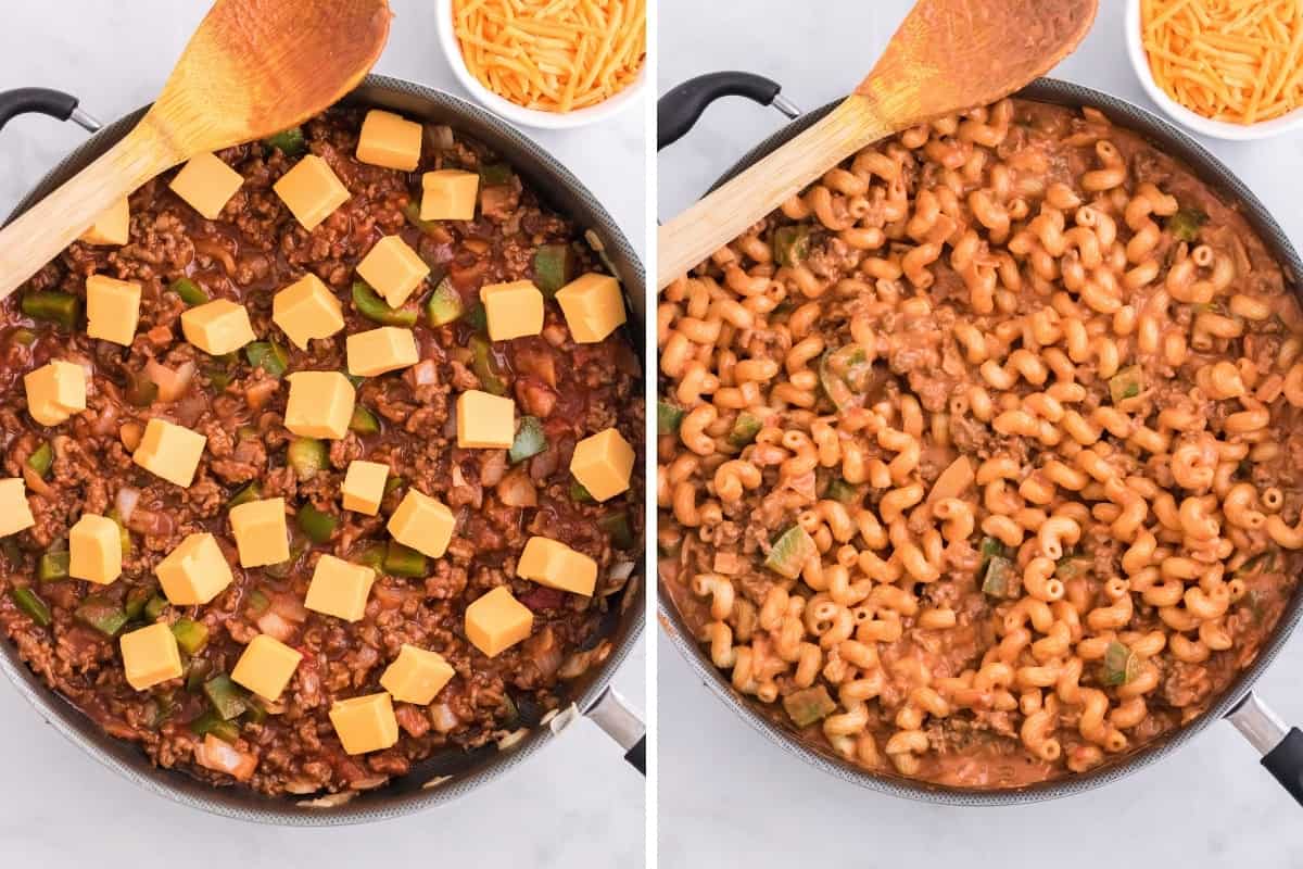 Two image collage. On left: skillet with manwich, beef, and veggies topped with cubed velvetta. On right: Same, but with velvetta stirred in and melted.