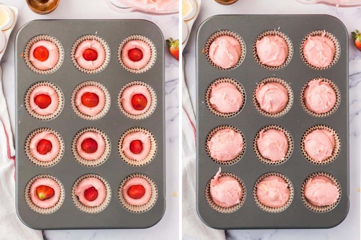 Two image collage. On left, cupcake tin with fresh strawberries pressed into the center of each pink-batter-filled cupcake liner. On right, same but with berries covered with batter.