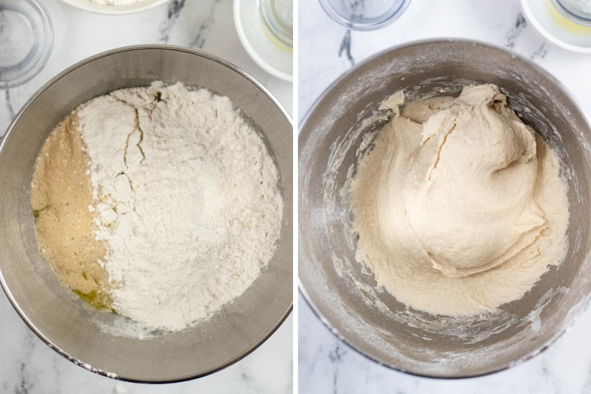 Dough ingredients in mixing bowl before and after mixing.