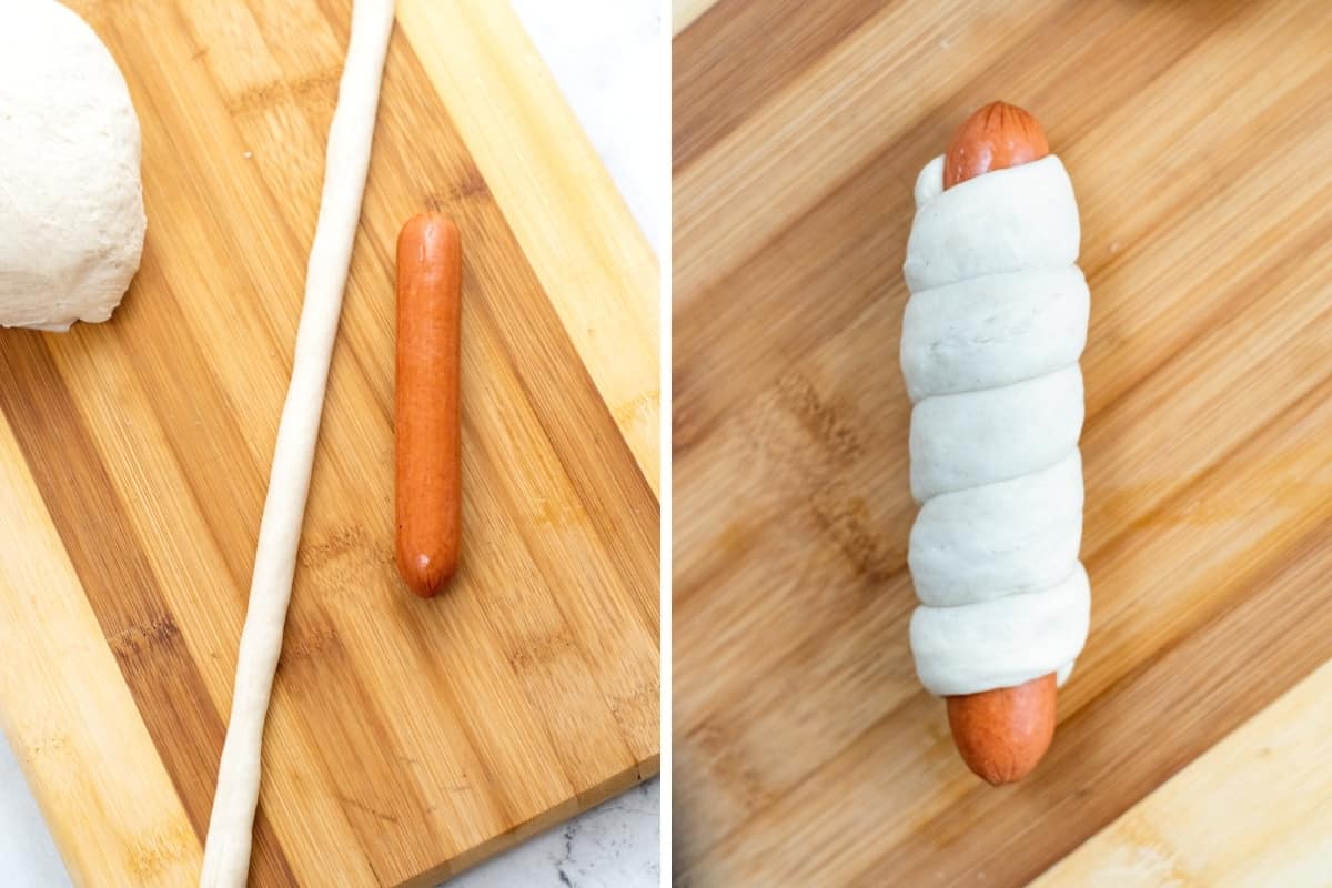 Left: dough rolled into a long rope next to hot dog. On right: Dough wrapped hot dog on cutting board.