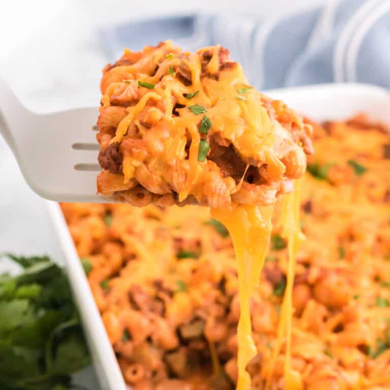 Cheesy Sloppy Joe Casserole (with Noodles & Manwich!)