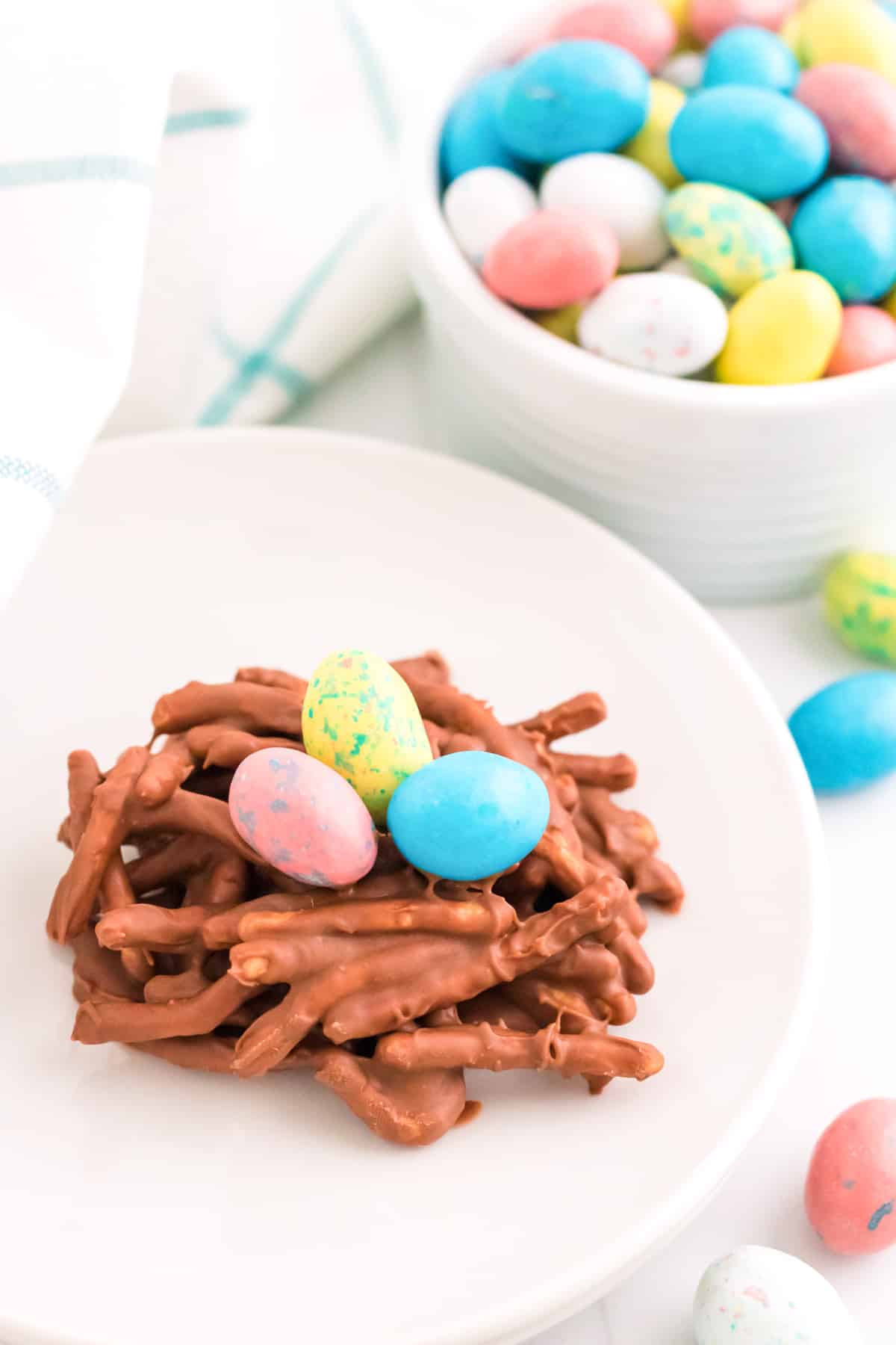 No Bake Easter Bird Nest Cookie with mini eggs in center.