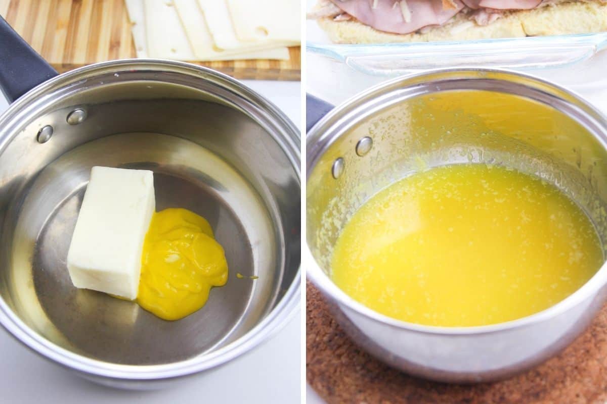 Two image collage of butter and mustard in a sauce pan before and after melting and mixing.