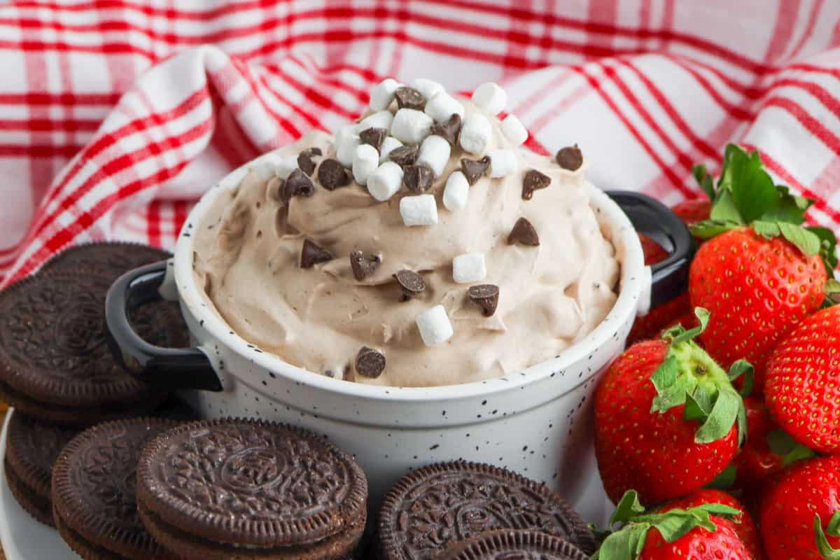 Hot chocolate Dip served with fresh fruit and cookies for dipping.