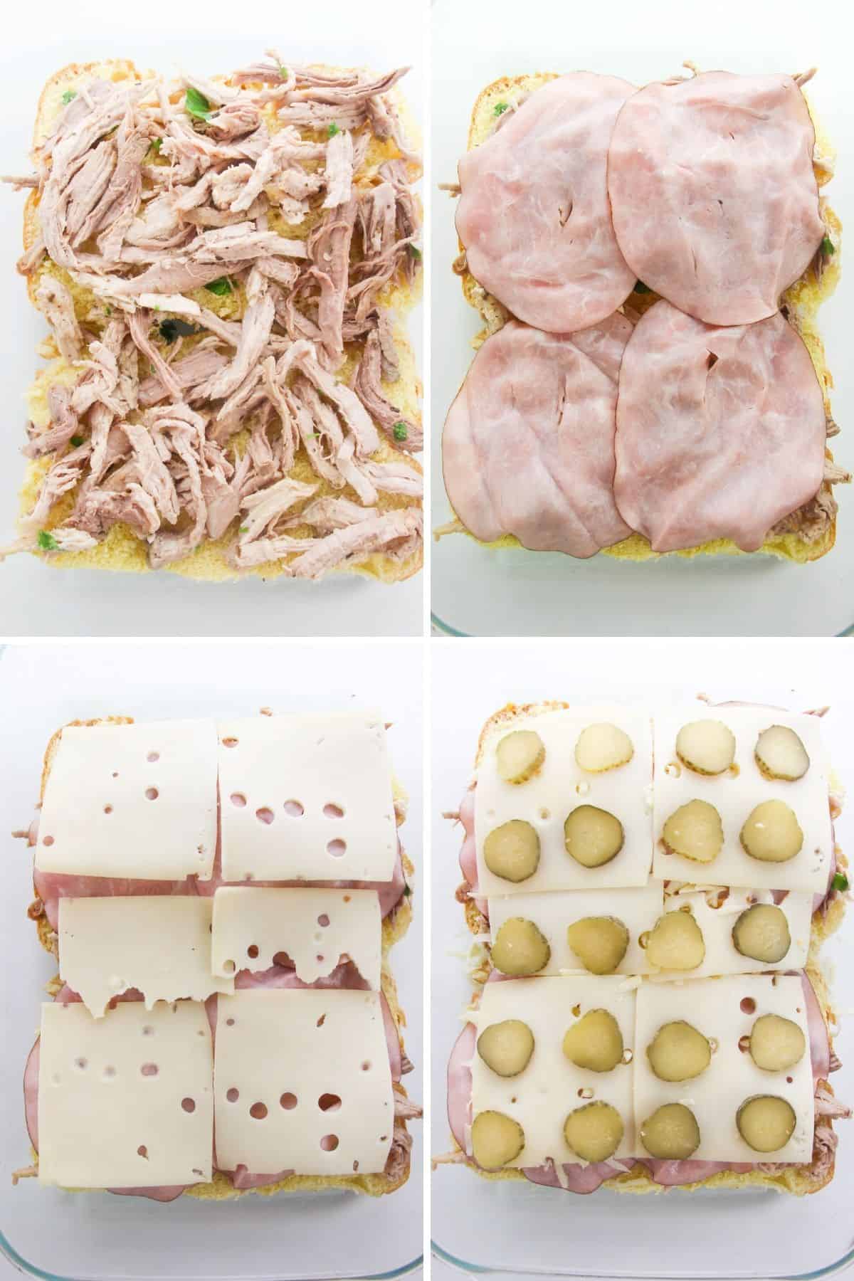 Four image collage of ingredients added to slider rolls: roast pork, deli ham, swiss cheese, and pickles.
