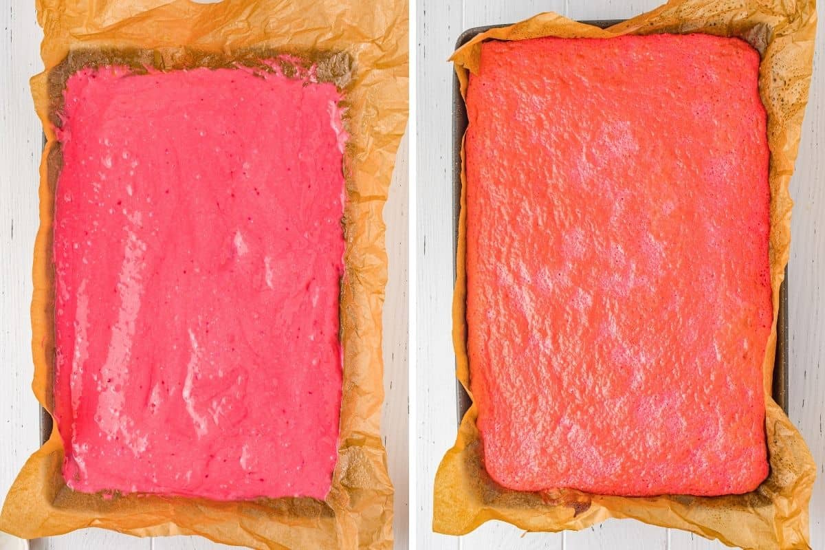 Two image collage of strawberry cake before and after baking in a lined jelly roll pan.