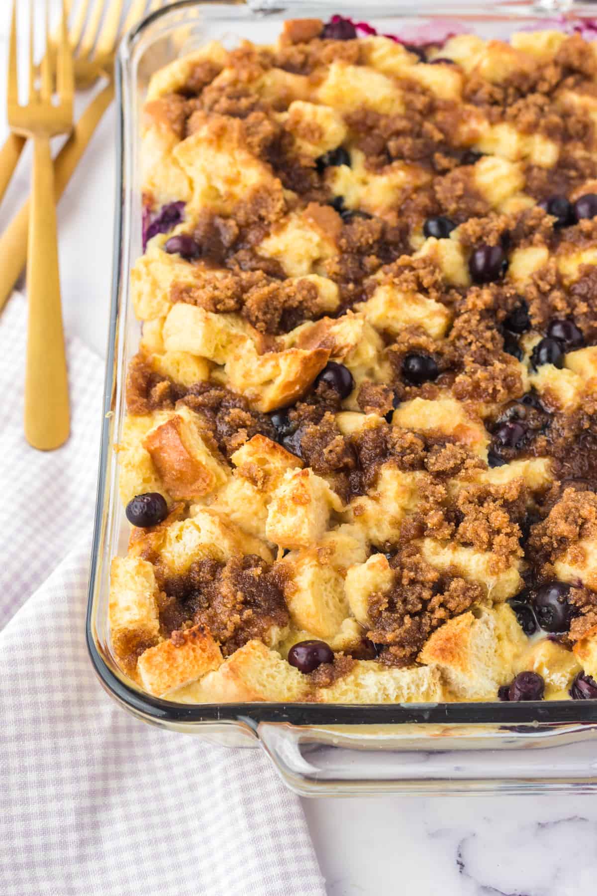Overnight blueberry french toast casserole in 9 x 13 baking dish.
