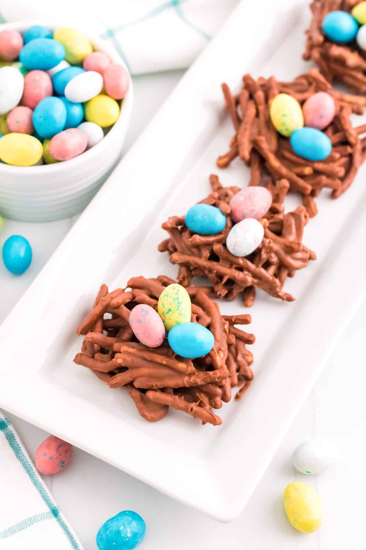 Birds Nest Haystacks with colorful chocolate eggs.