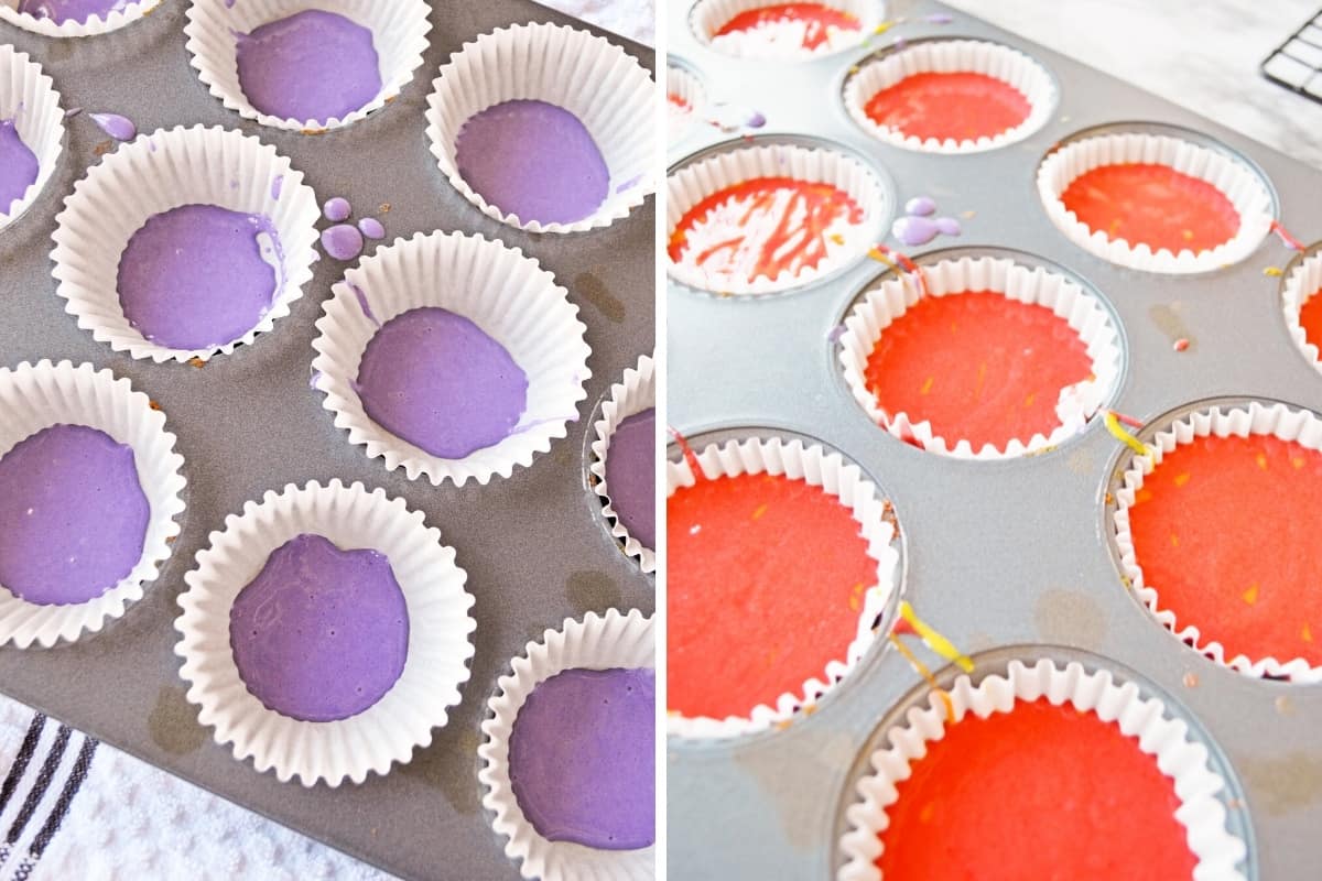Two image collage. On left, purple cupcake batter in cupcake liners. On right, red batter in liners.
