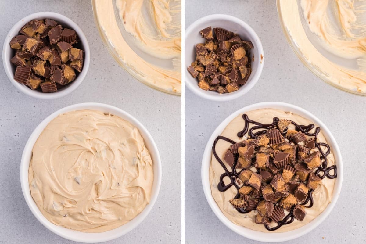 On left, peanut butter cup dip in serving bowl, on right the same but topped with chunks of peanut butter cups and chocolate sauce.