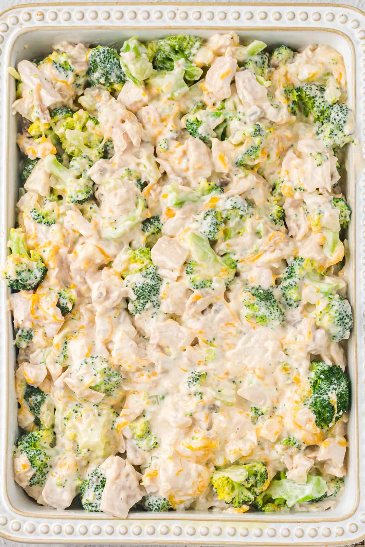 Chicken and broccoli casserole in 9 x  13 baking dish.