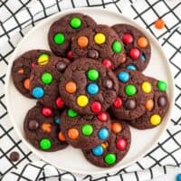 Chocolate cake mix cookies with M&Ms