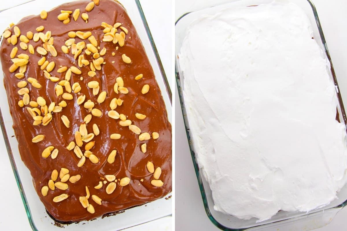 Cake topped with chocolate pudding and peanuts; cake covered with even layer of cool whip topping.