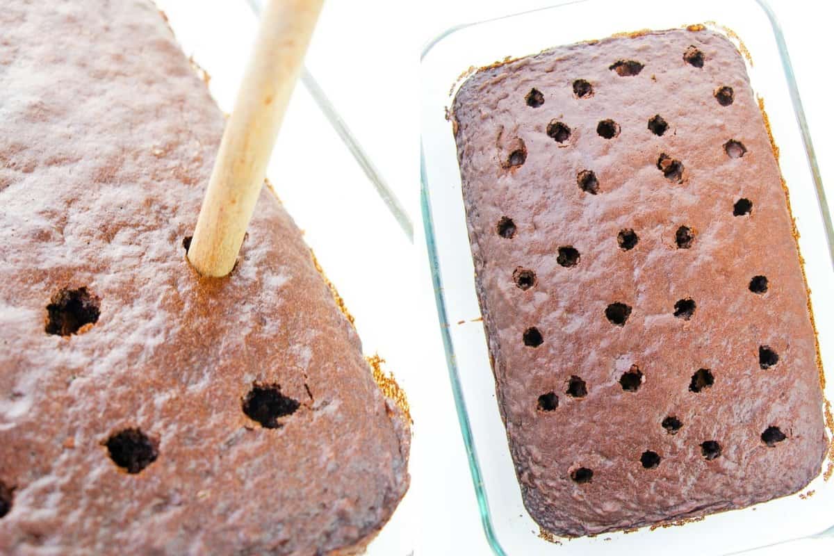 Wooden spoon handle poking holes in chocolate cake and 9x13 chocolate cake with holes throughout, about 1 inch apart.
