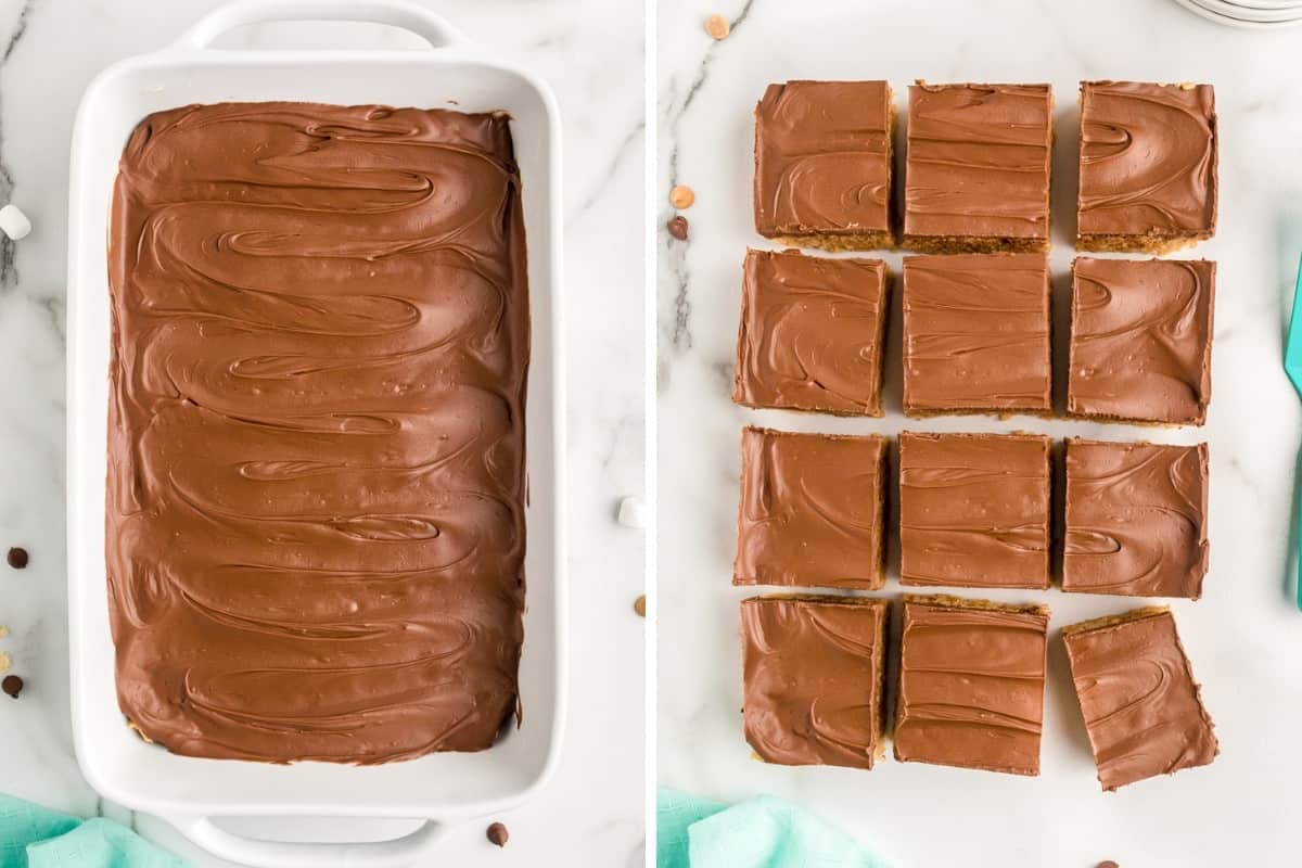 Two image collage of chocolate topped bars in 9 x 13 inch pan and the bars sliced into 12 squares.