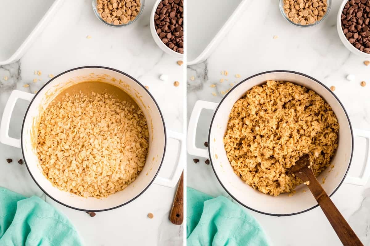 Two image collage of rice cereal added to large pot and with the rice cereal mixed in.