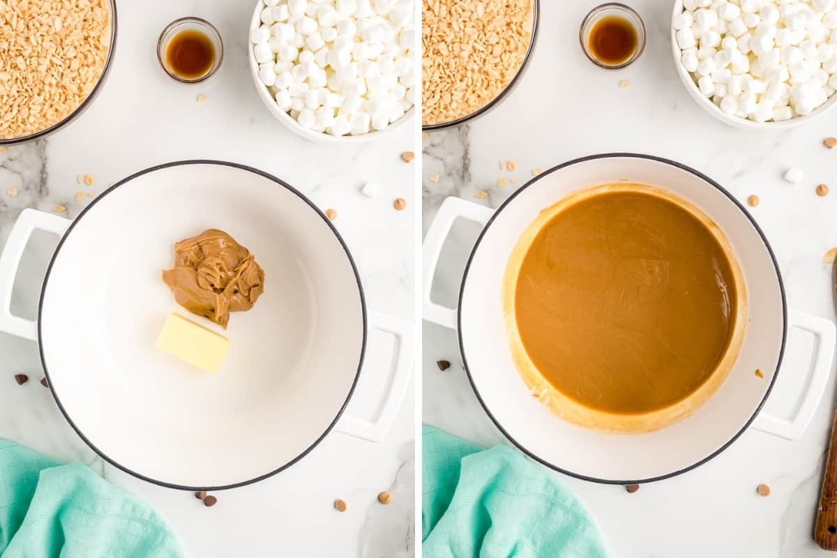Peanut butter and butter in large pot, before and after melting.