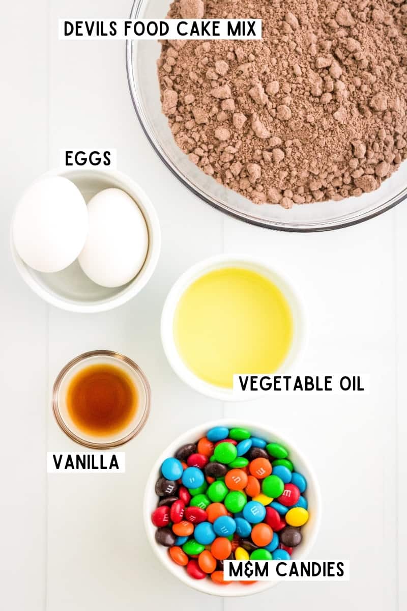 Ingredients for Chocolate M&M Cake Mix Cookies
