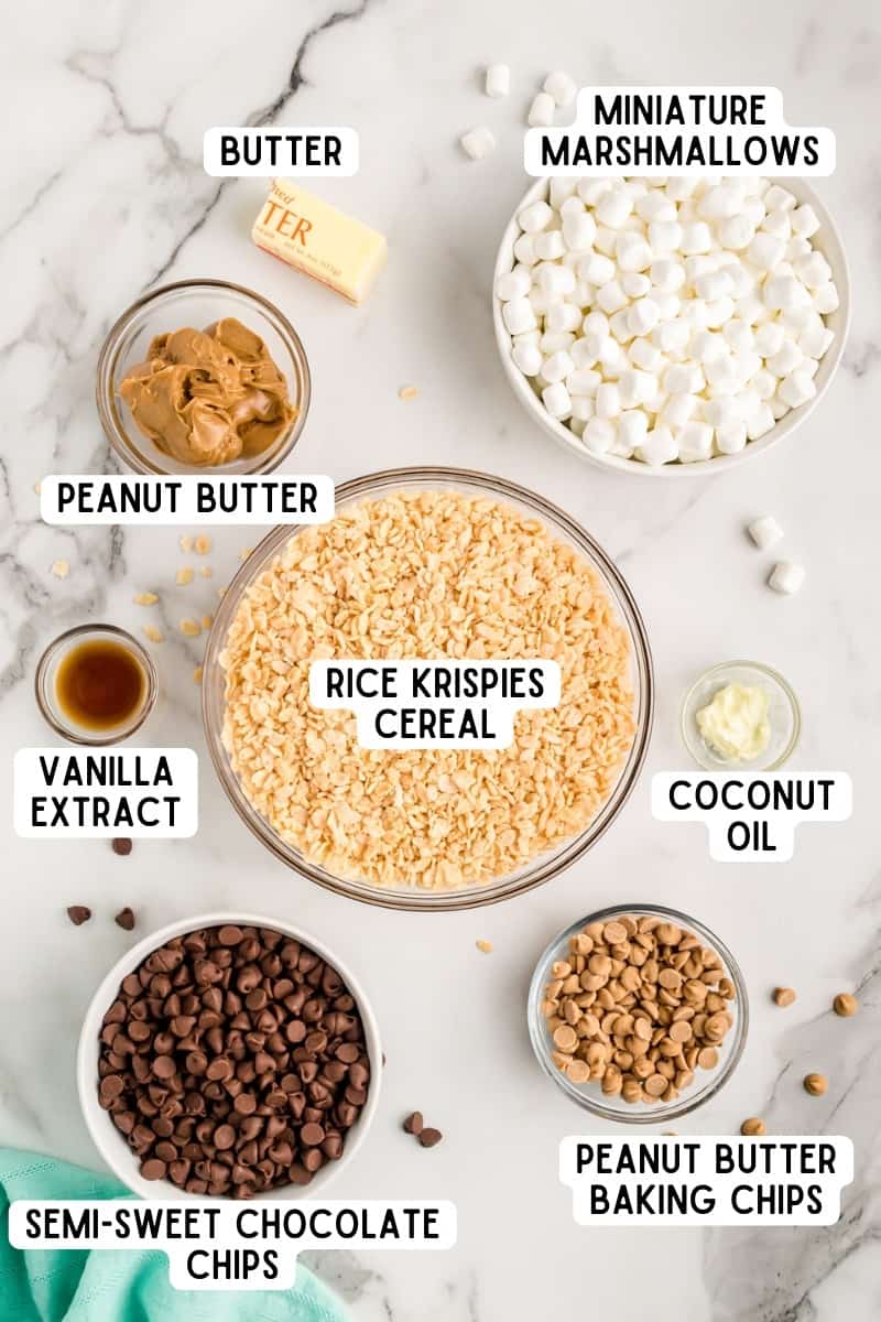 Ingredients for peanut butter rice krispie treats.