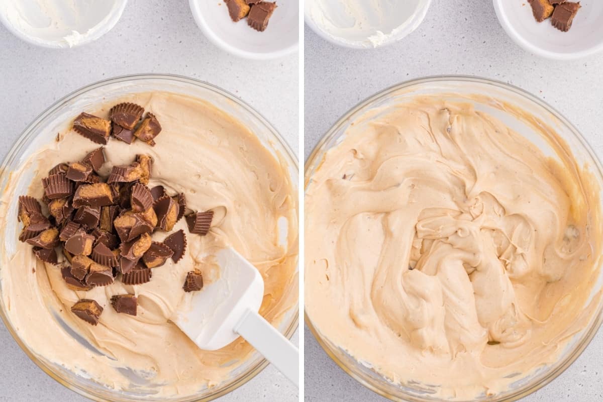 On left, chopped peanut butter cups added to mixing bowl. On right, the candy pieces are stirred into the dip.