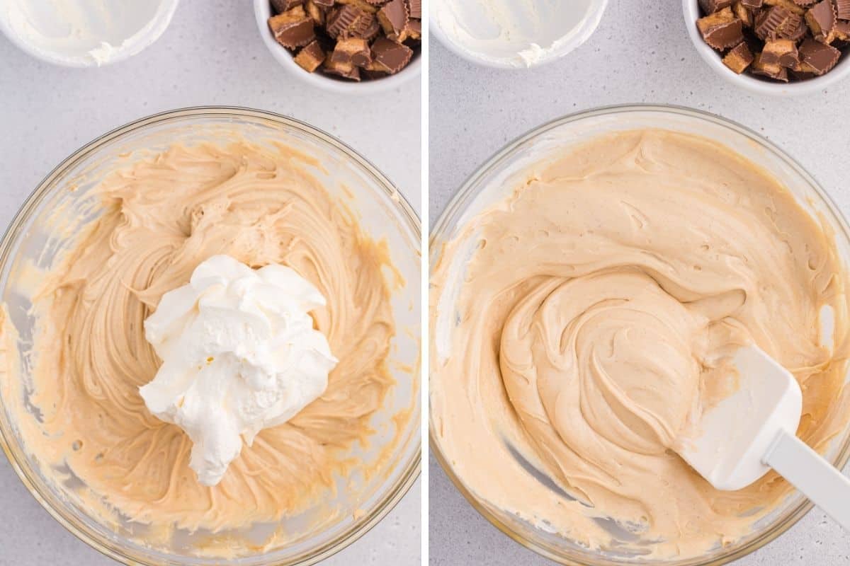 On left, Cool whip added to mixture in mixing bowl. On right, same but folded until smooth.