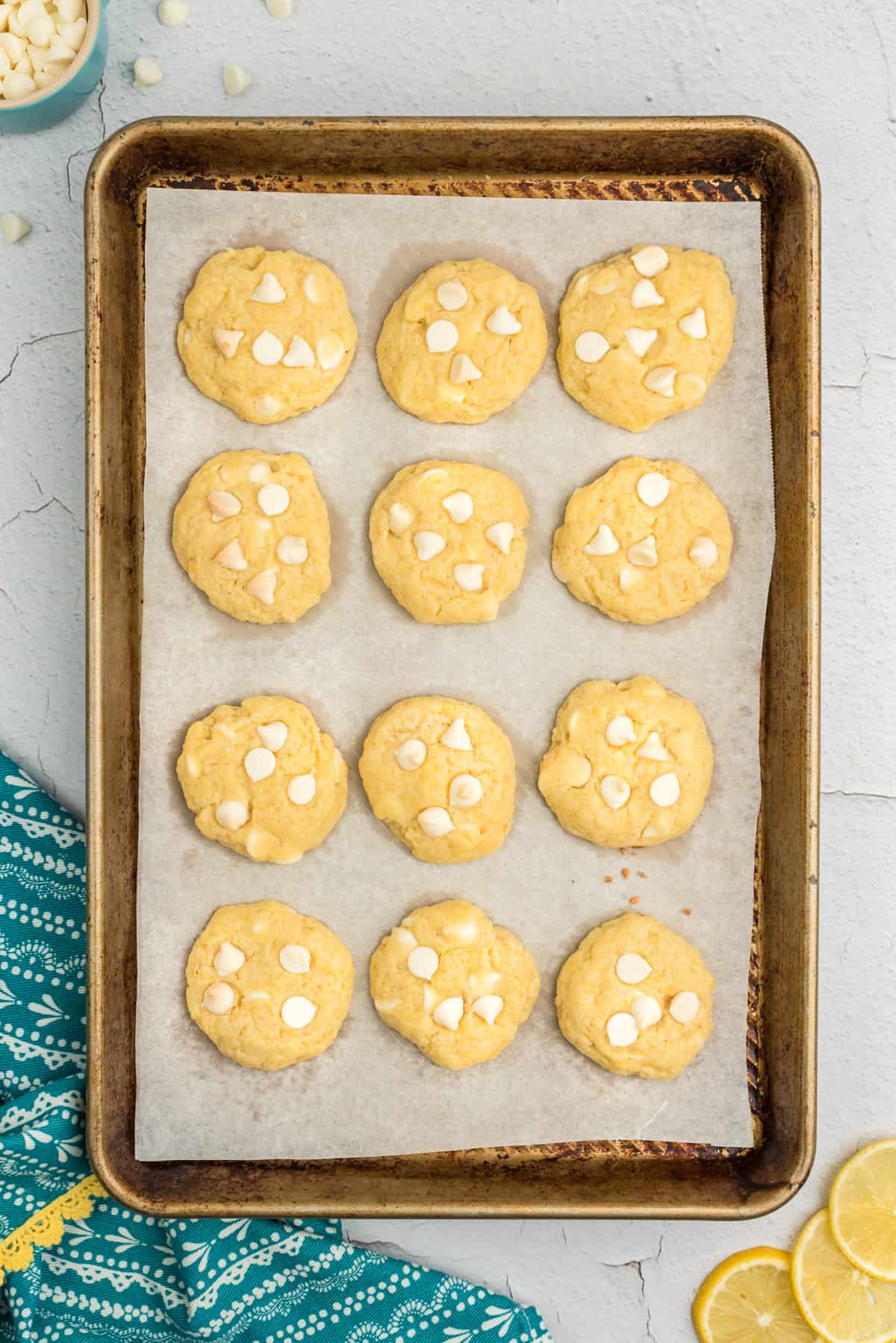 Baked lemon pudding cookies on cookie sheet.