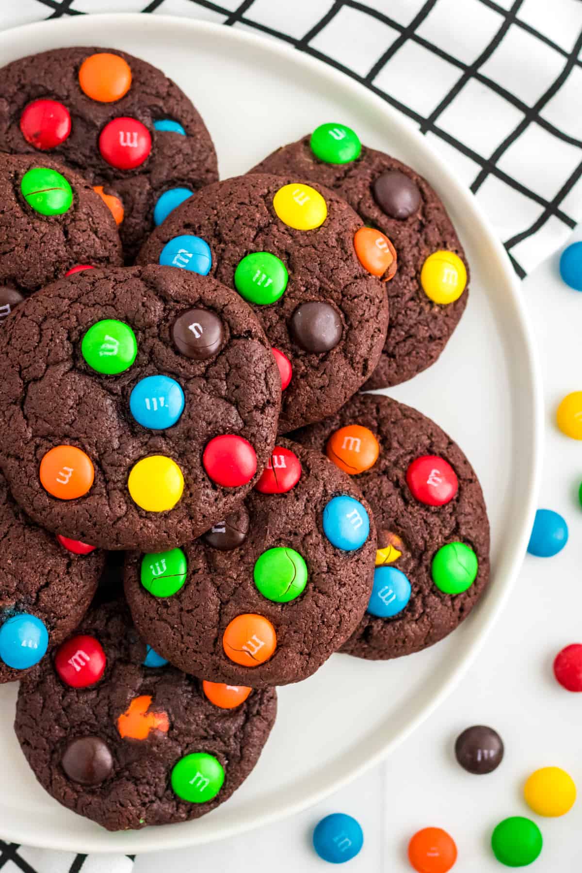 Chocolate cake mix cookies with M&Ms in them.