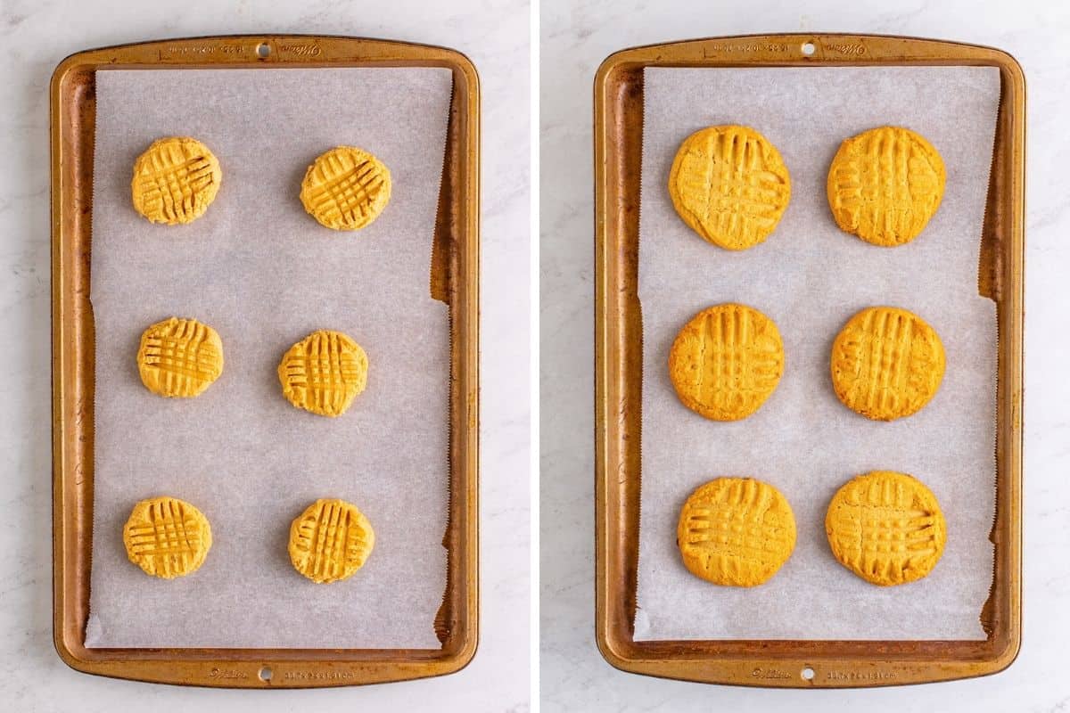 Peanut butter cookies on cookie sheets before and after baking.