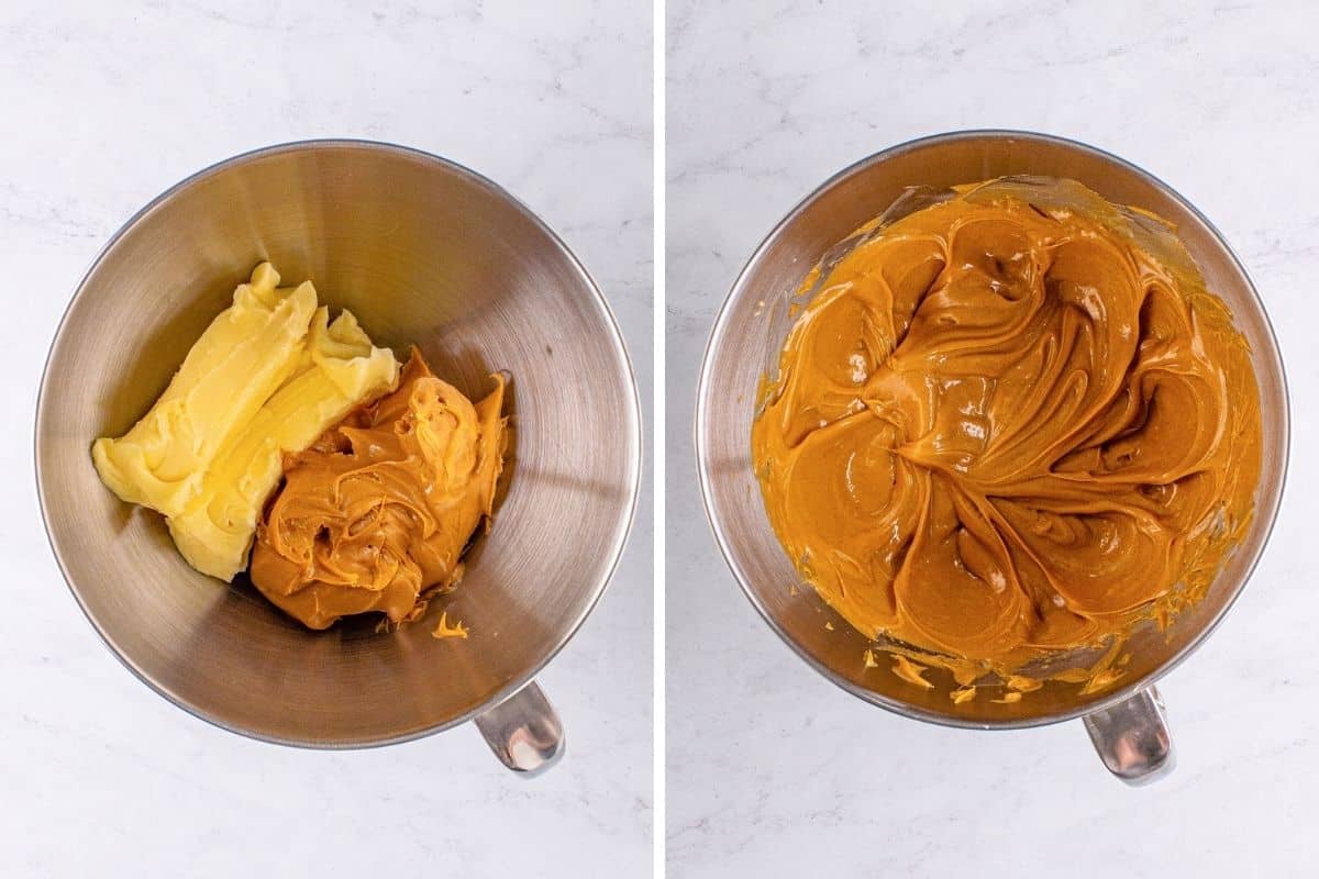 Two image collage of softened butter and peanut butter in mixing bowl and the two ingredients mixed together until creamy.