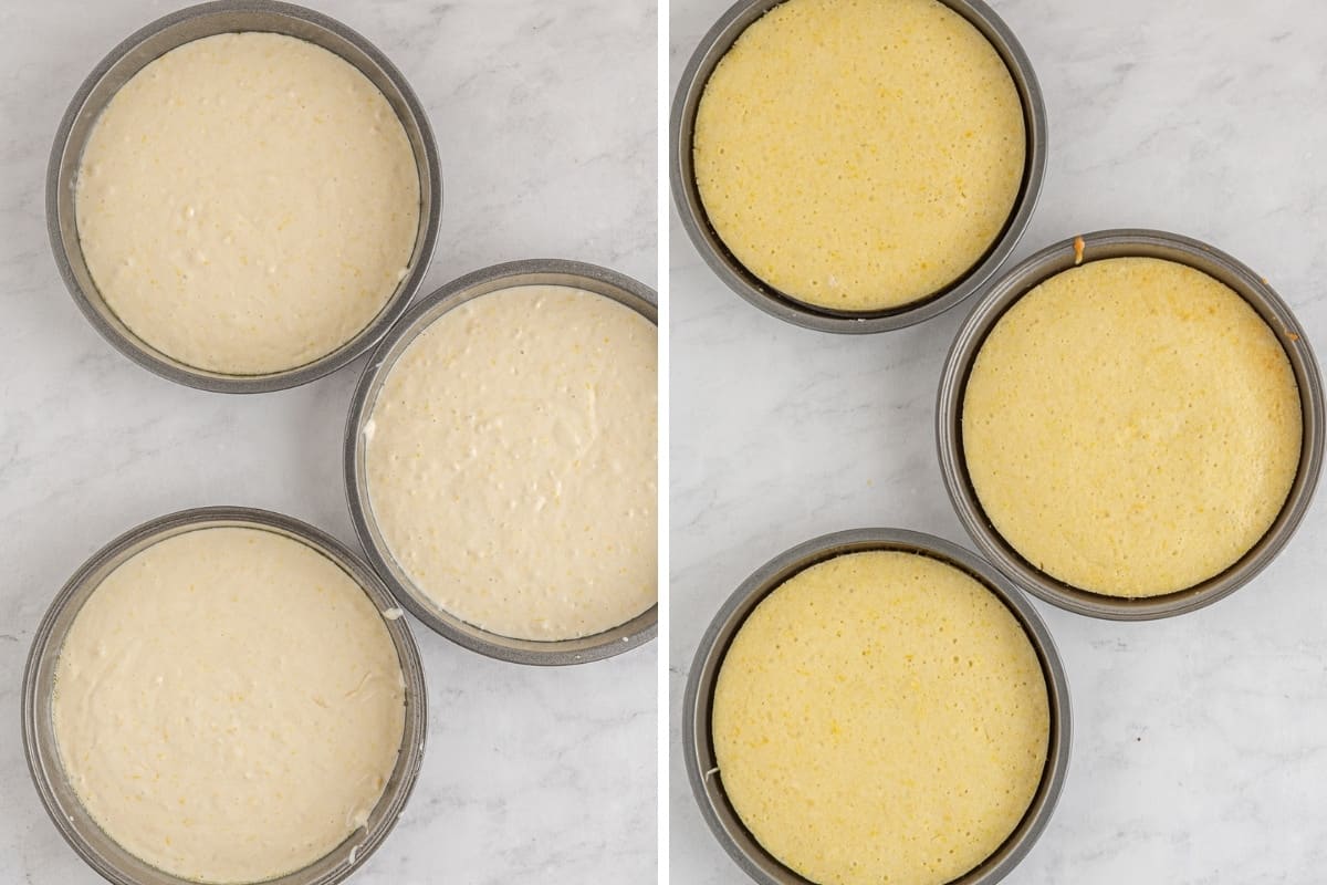 Three round cakes before and after baking.