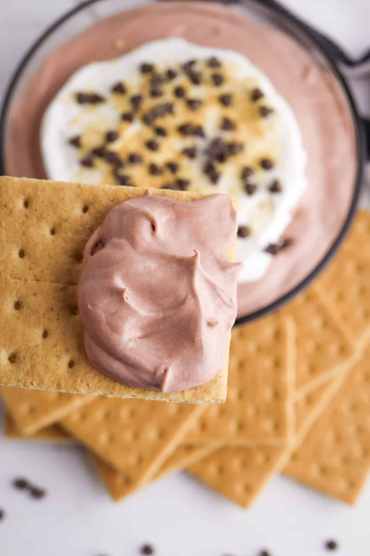 Chocolate pudding dip on graham cracker.