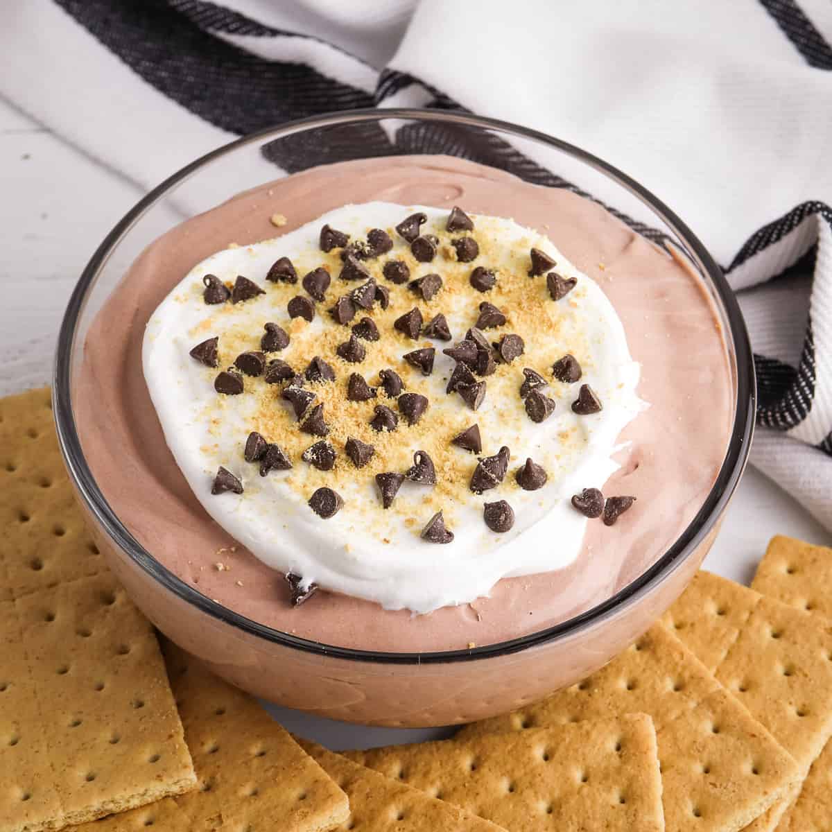 Chocolate pudding and cool whip dip with mini chocolate chips and graham crackers.