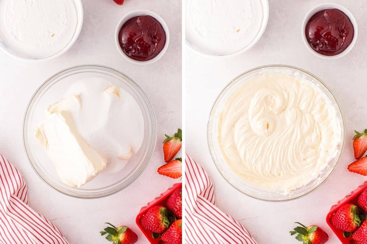 Two image collage of cream cheese and sugar before and after beating.