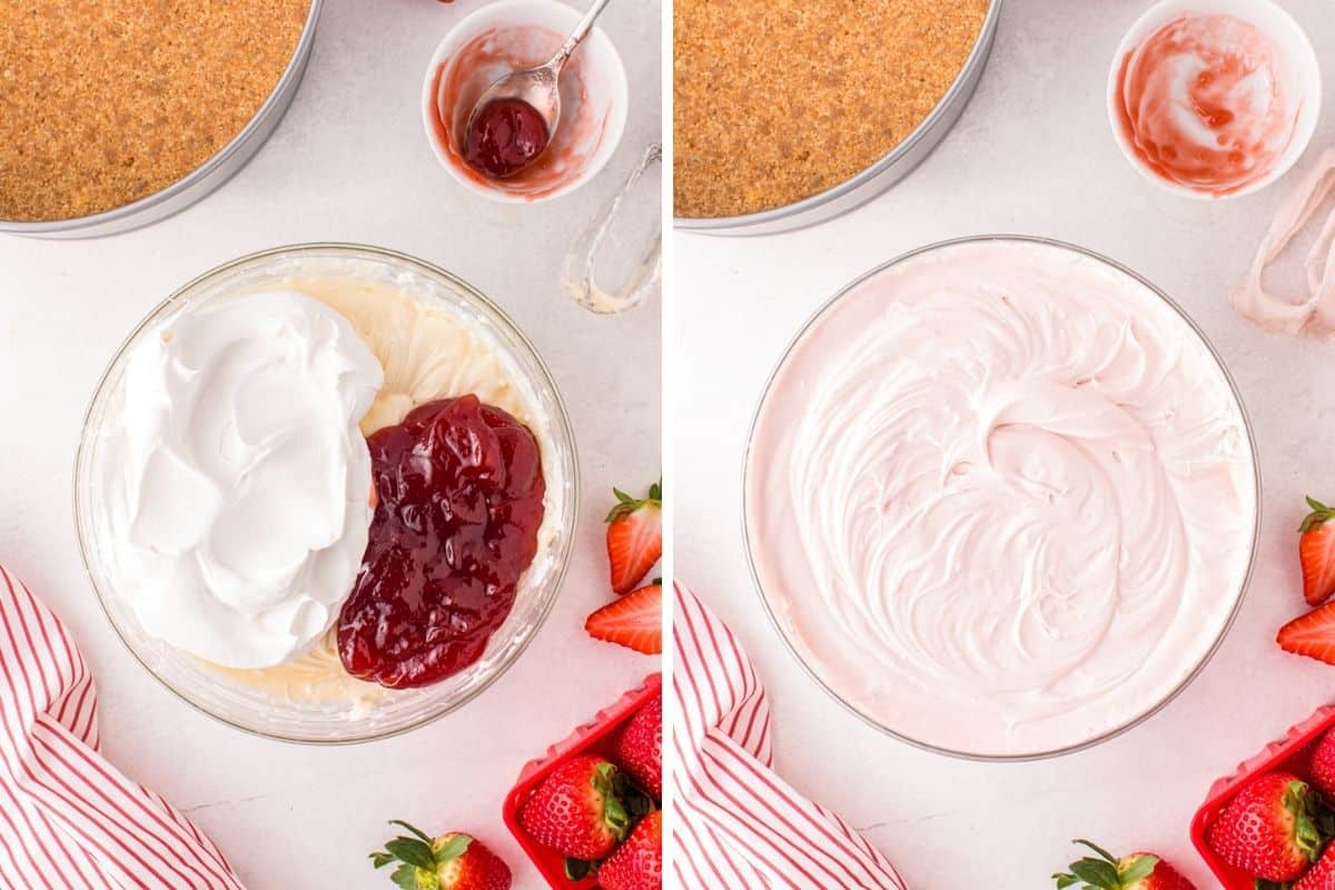 Two image collage of no bake cheesecake ingredients being combined.