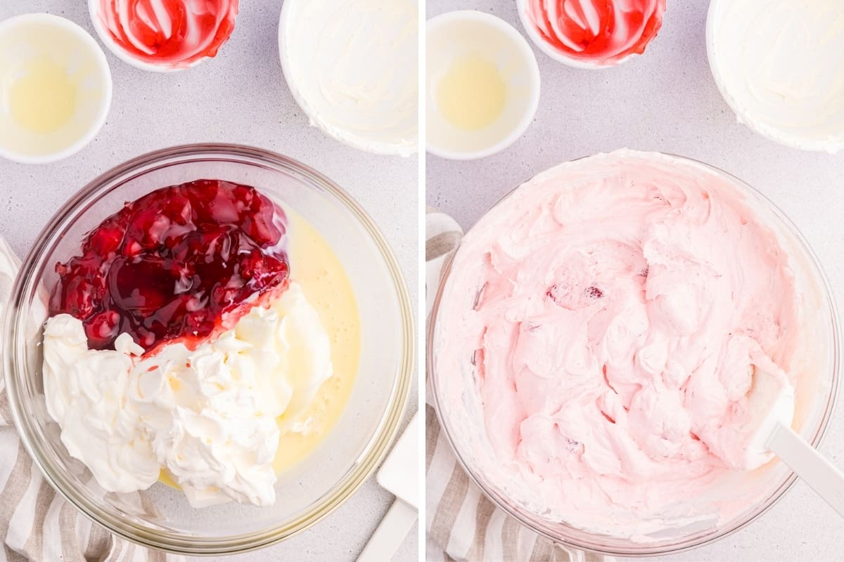 Two image collage of strawberry pie filling, cool whip, and sweetened condensed milk in a large mixing bowl before and after stirring together. 