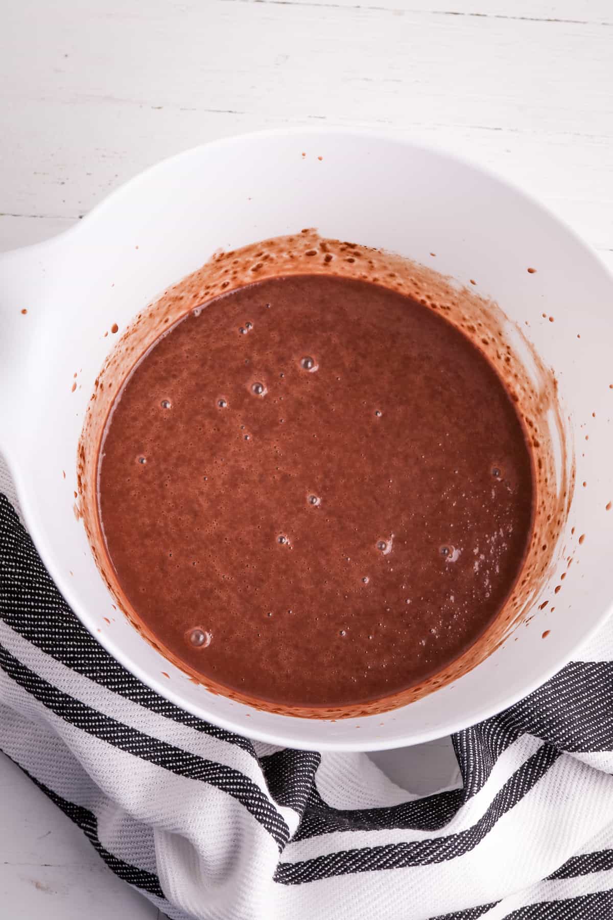 Chocolate pudding in mixing bowl.